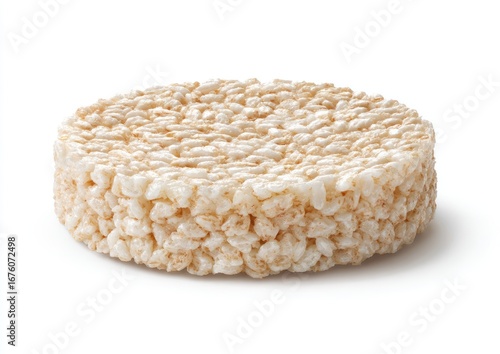 Round puffed rice cake, light beige color, sits on a white background
