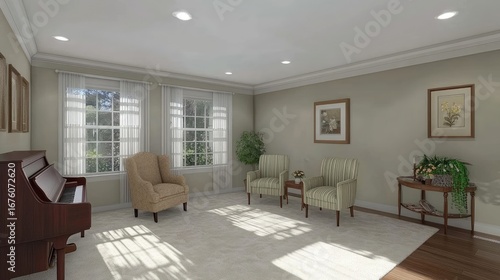 A light-filled interior living area with piano and seating.