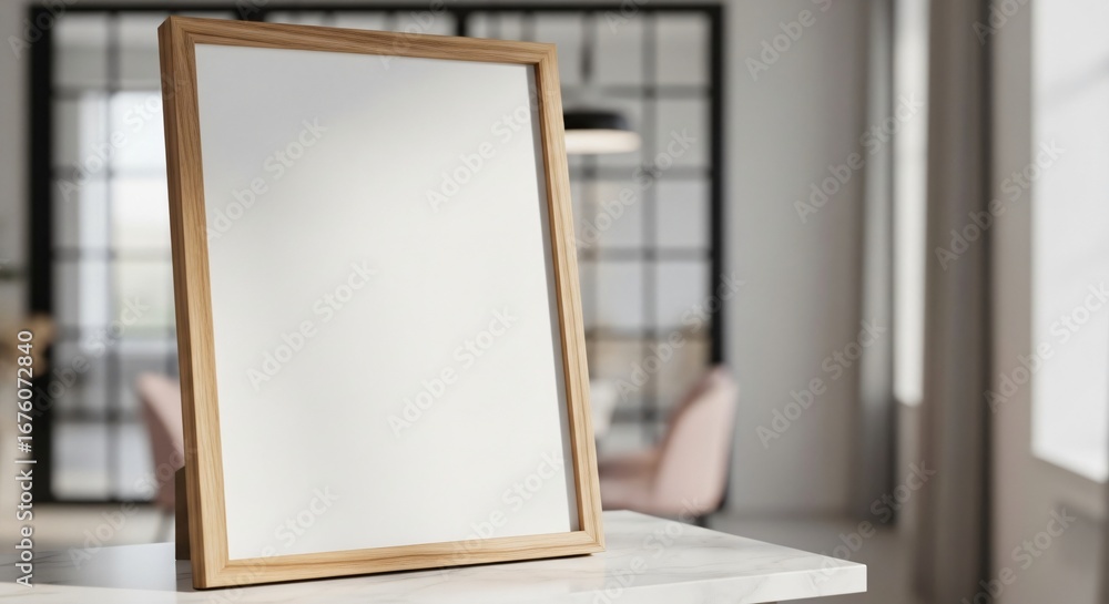 Fototapeta premium Blank Wooden Frame Mockup on Marble Table in Bright Interior Setting.