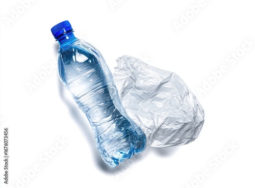 Plastic water bottle and crumpled plastic wrap on white background