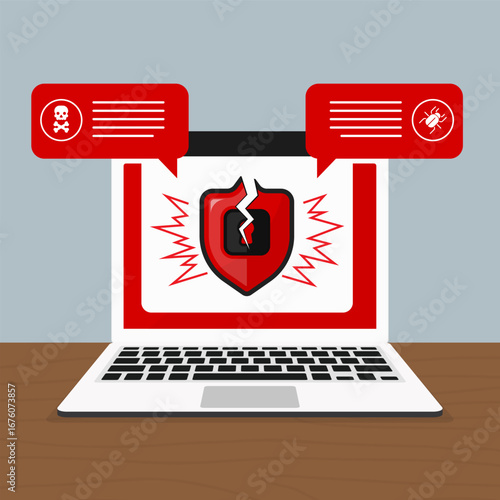 Symbol of padlock shield for security and protection on computer screen is broken with message of bug and skull. Hacker attacking concept.