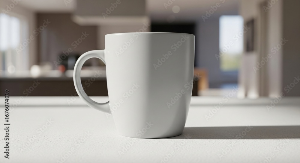 Obraz premium White Ceramic Mug on Countertop in Bright Kitchen Setting.