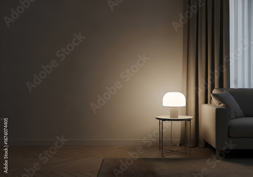 Cozy and Minimalist Living Room Interior with a Glowing Lamp at Night.
