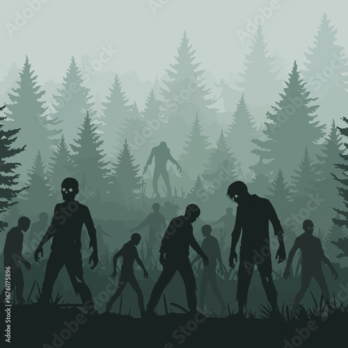 Eerie forest packed with dark zombie silhouettes and foggy trees