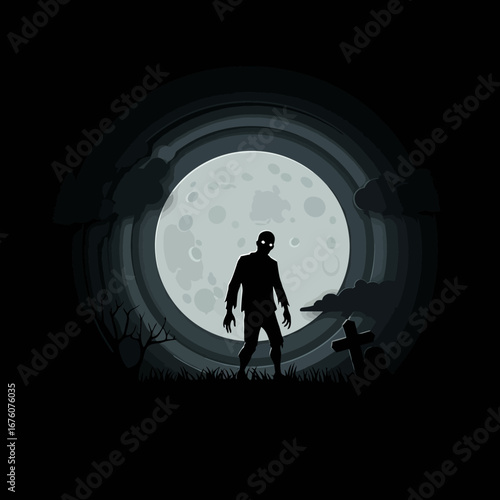 Eerie silhouette of zombie in moonlit graveyard with spooky atmosphere