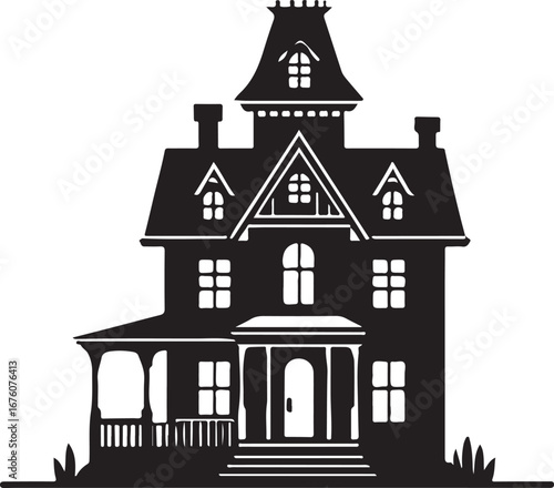 Silhouette of an old victorian mansion with a tall spire and detailed architectural features vector