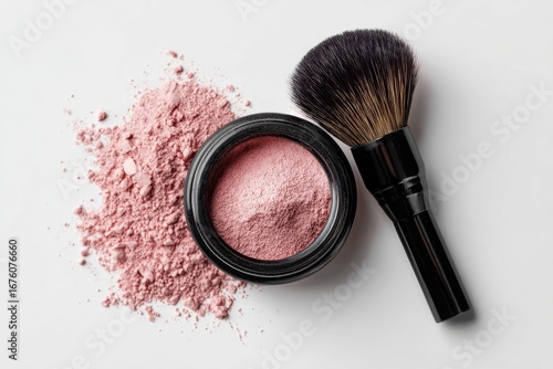 Pink blush powder in a black jar, with a matching makeup brush, scattered on a white surface