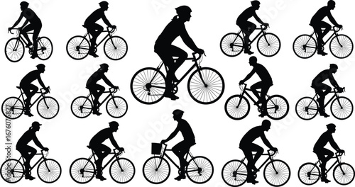 Black silhouette vector illustration of fifteen cyclists in different riding postures for sport, transportation, fitness, urban, and recreational design themes