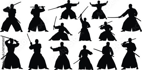 Black silhouette vector illustration of fifteen martial artists with swords in traditional stances for samurai, kendo, kenjutsu, and Japanese cultural design themes