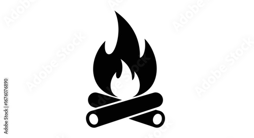 Simple Black Silhouette of Campfire with Burning Flames.