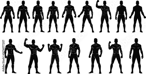 Eighteen male silhouette poses with muscle definition and varied gestures, showcasing human body posture, movement, and anatomical outline for design reference