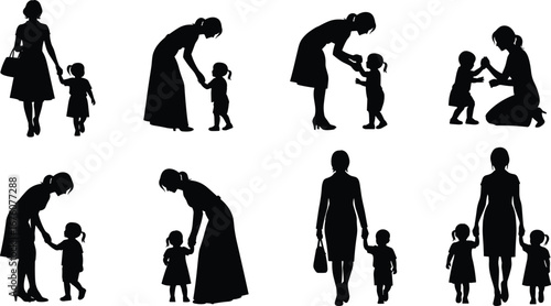 Silhouettes of adult women interacting with young girls in nurturing poses, showing parenting, caregiving, guidance, and family relationship moments