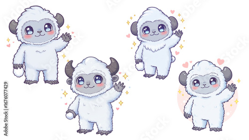 Cute Chibi Yeti Character, Adorable Fluffy Monster with Snowball, Soft Pastel Blue and White Vector Illustration