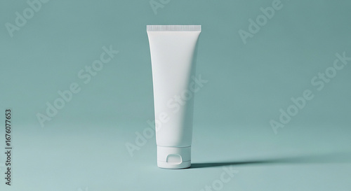 A single white tube of cream standing upright on a light blue background in a studio setting
