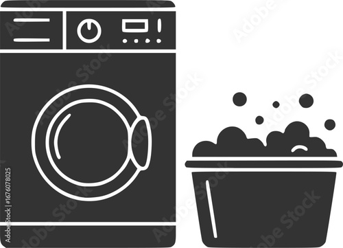 Hand drawn silhouette cartoon vector image with washing machine, clothing clipart
