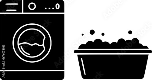 Hand drawn silhouette cartoon vector image with washing machine, clothing clipart
