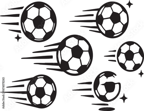Soccer balls in motion with speed lines and sparkles black and white vector illustration dynamic sports concept design