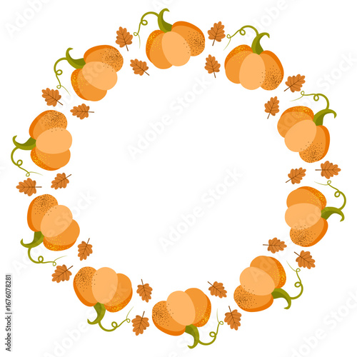 Pumpkin circle frame. The round border is made of autumn pumpkins. Autumn, fall. Flat vector clipart