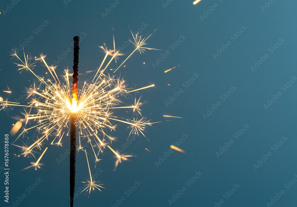 Obraz premium Sparkler burning brightly against a dark blue background with copy space area