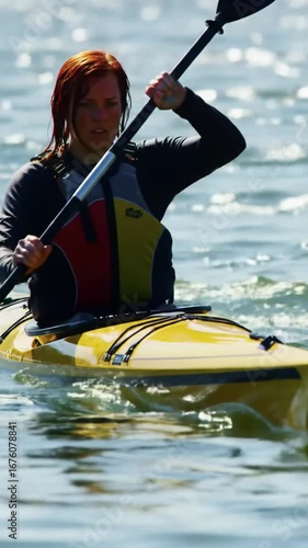 Determined solo kayaker paddles rhythmically through choppy waters, generating crystalline splashes, illuminated by bright natural daylight. Concept of overcoming challenges with determination