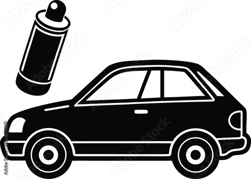 Vector art of black and white silhouette of a car with a spray can isolated on a