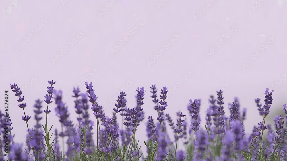 Obraz premium Lavender flowers bloom against a soft purple background. Use for spa, nature, garden, and floral design projects.