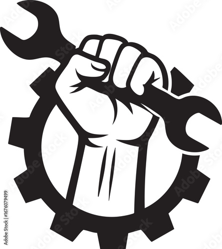 Clenched fist holding wrench inside gear black silhouette vector illustration labor industry strength mechanical concept design