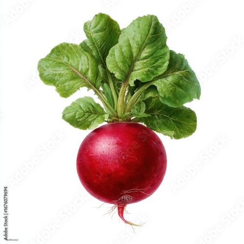 Fresh red radish with green leaves isolated on white background