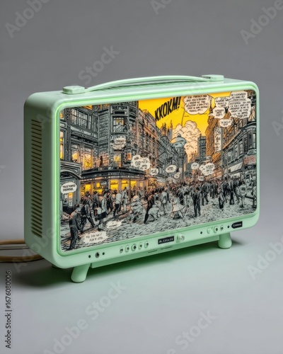 Retro Green Television with Comic Book Cityscape Image