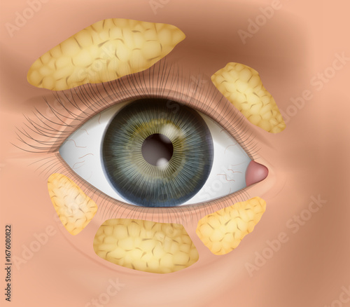 Anatomical Diagram of Periorbital Fat Hernias around the Human Eye. Eye Anatomy with Fatty Hernias of Upper and Lower Eyelids. Medical Eye Illustration