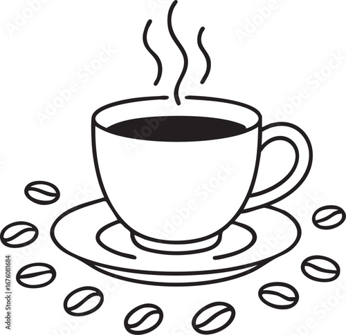 Minimalist black and white coffee cup line art with steam and beans cozy cafe beverage concept hand drawn illustration