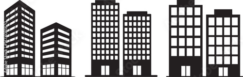 Modern building icons in outline and solid styles representing city skyscrapers, urban architecture, real estate, office towers, business district, construction, and corporate design