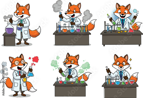 PrintCartoon fox scientist performing colorful chemistry experiments with test tubes, flasks, lab coat, glasses, smoke, and happy reactions illustration