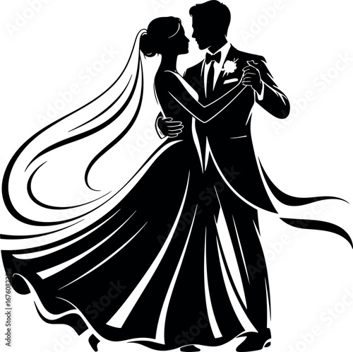 Elegant Wedding Silhouette of Bride and Groom Dancing Embracing Love and Commitment in Black and White Design