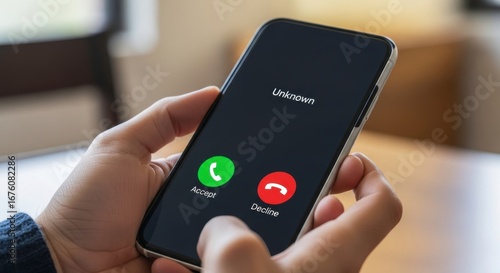 Person holding a smartphone with an unknown caller id and accept decline buttons