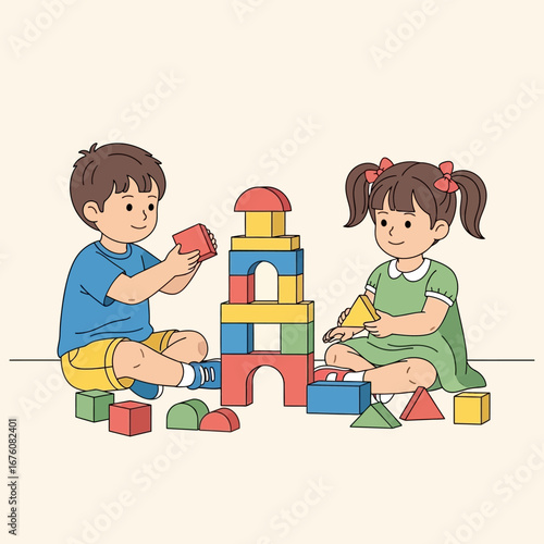 Two young children playfully building a tower with colorful blocks.