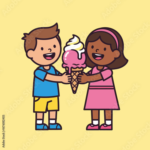 A cartoon boy and girl happily sharing a large melting ice cream cone together.