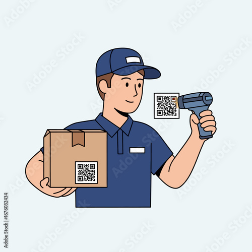 Delivery man scanning a package with a QR code reader for shipping and logistics.