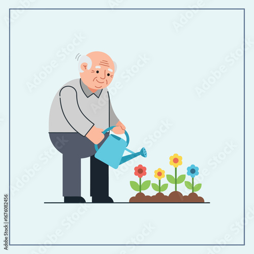 An elderly man happily waters his colorful flowers in his garden.