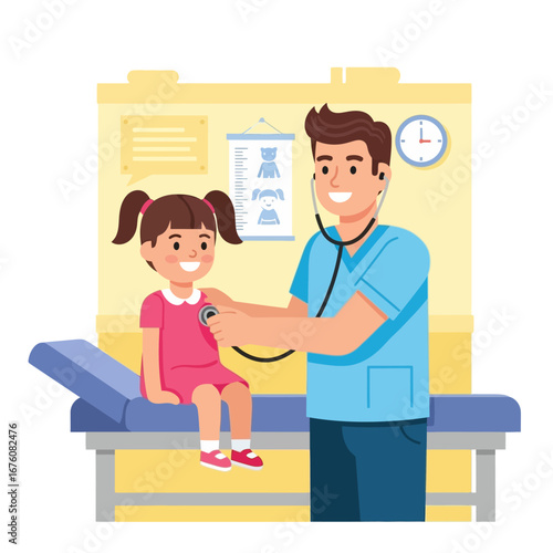 A smiling male doctor is examining a young girl with a stethoscope in a medical examination room.