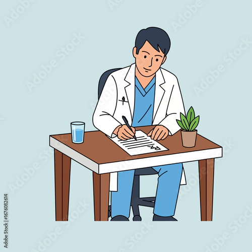 A male doctor sits at a desk and writes a prescription.