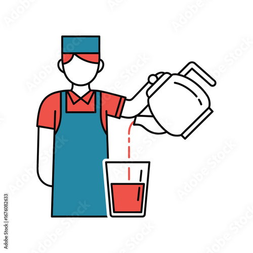 A barista in uniform pours a red beverage from a pitcher into a glass.