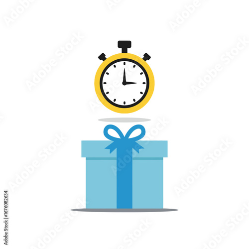 A yellow stopwatch floating above a light blue gift box with a blue ribbon, symbolizing time-limited offers or timely gifts.