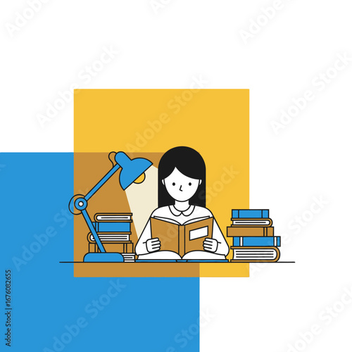 A young woman studying at a desk with books and a lamp.