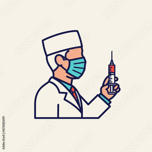 A doctor wearing a mask and holding a syringe filled with red liquid, ready for injection.