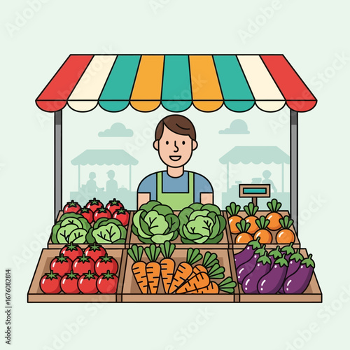 A cheerful vendor stands behind a colorful market stall filled with fresh produce, including tomatoes, lettuce, cabbage, carrots, and eggplants.