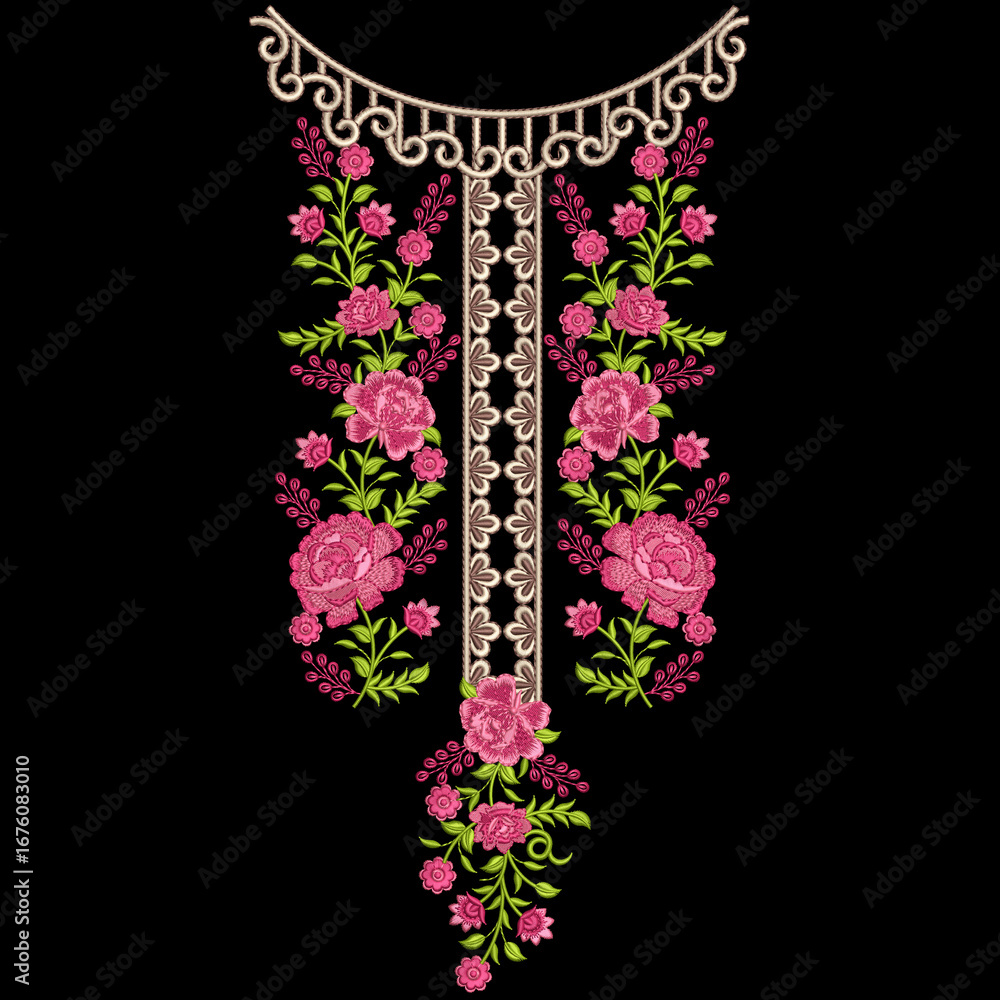 Obraz premium Indian traditional artwork embroidery Neckline design illustrated Multi ethnic flowers and leafs leaves with trendy embroidered ornaments and motifs Bunches.