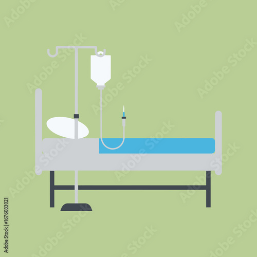 A hospital bed with an IV drip stand and bag, symbolizing medical care and treatment.