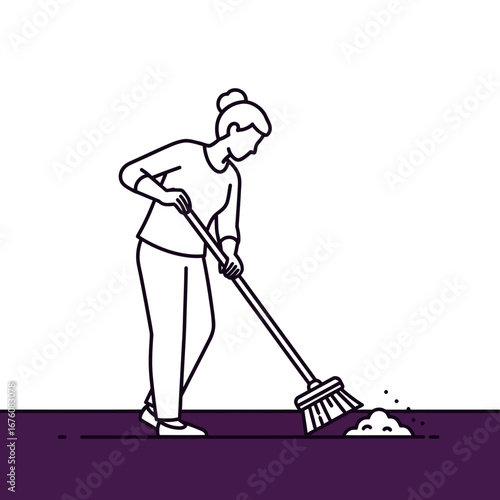 Woman sweeping the floor with a broom.