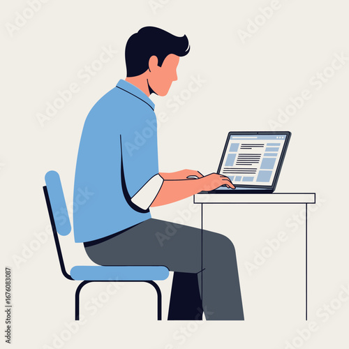 A man in a blue shirt sits at a desk, focused on typing on his laptop computer in a modern flat illustration style.